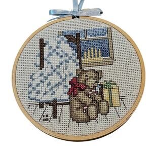 Vintage Teddy Bear Cross Stitch Picture Decor 80s White 5.25" Cottage Retro